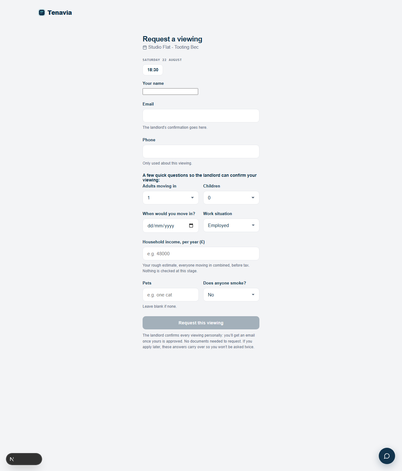 The public booking page, asking a few pre-qualification questions