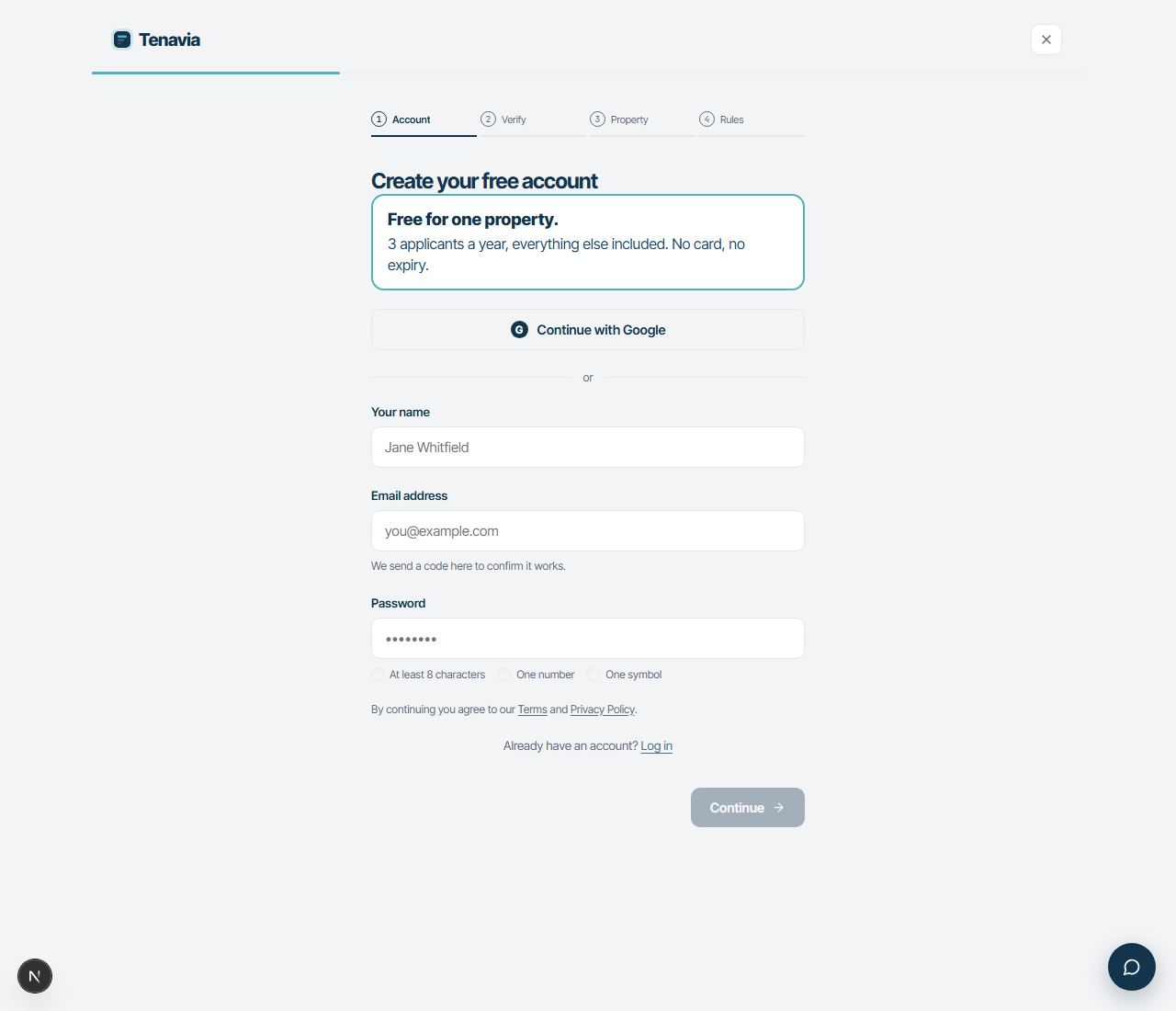 The sign-up page