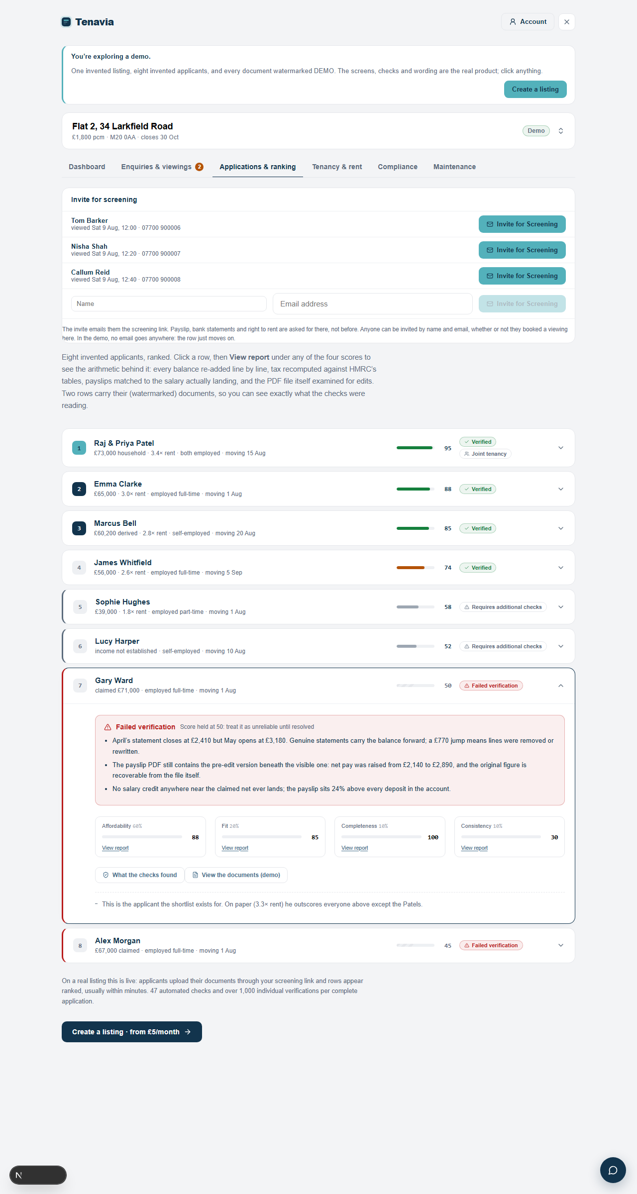 The applications and ranking tab, with a failed verification open