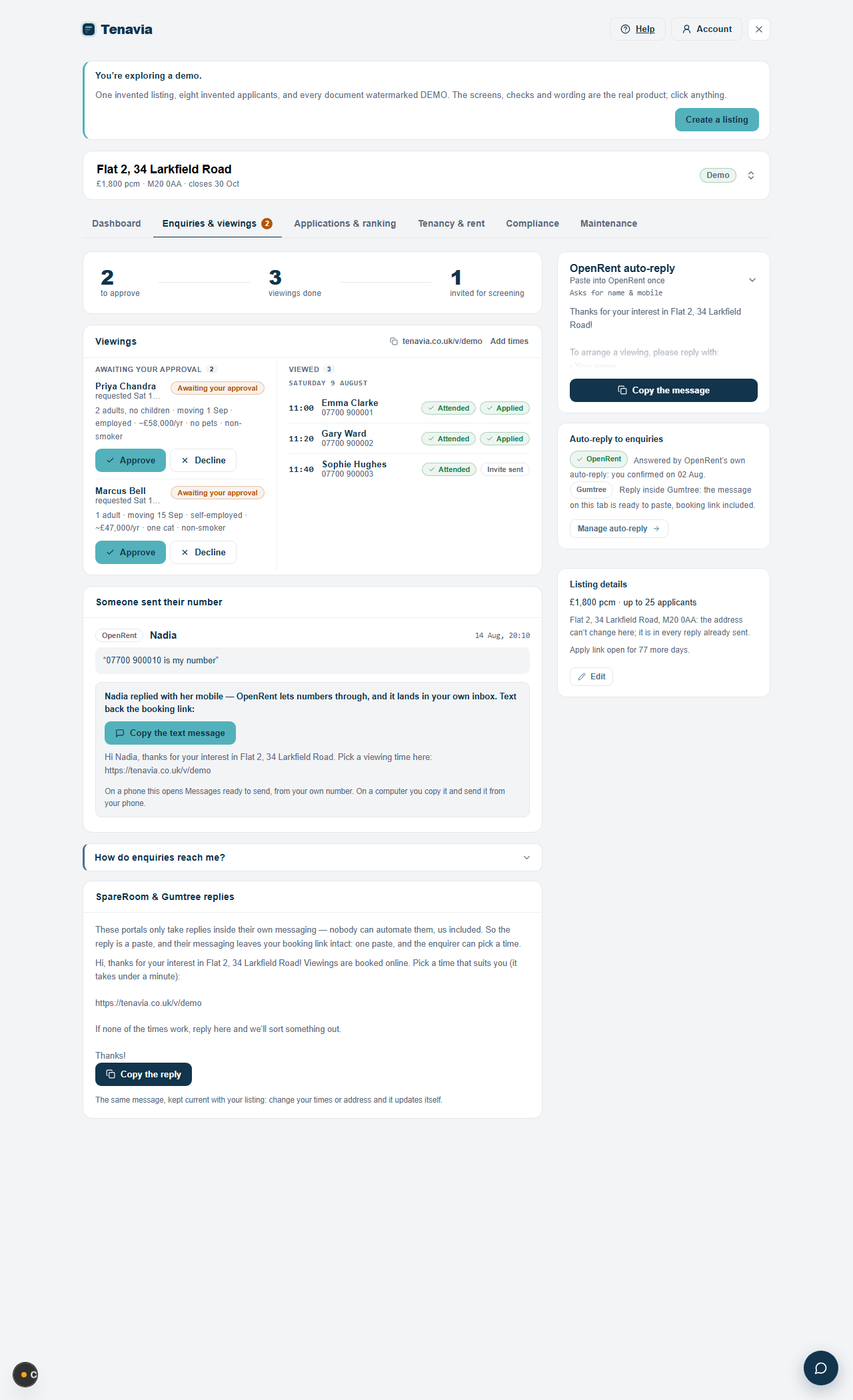 The enquiries and viewings tab, with viewing requests awaiting approval