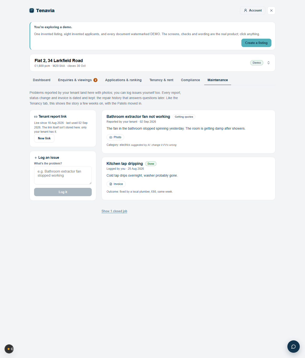 The maintenance tab